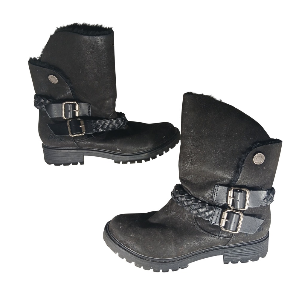 Blowfish Malibu B101 Moto Boots 8 Black Faux Fur Lined Braided Buckle‎ Mid-Calf